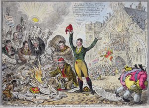 Verdadeira Reforma do Parlamento, isto é, os Patriotas acendendo uma Fogueira Revolucionária em New Palace Yard, publicado por Hannah Humphrey em 1809 (gravura à mão colorida)